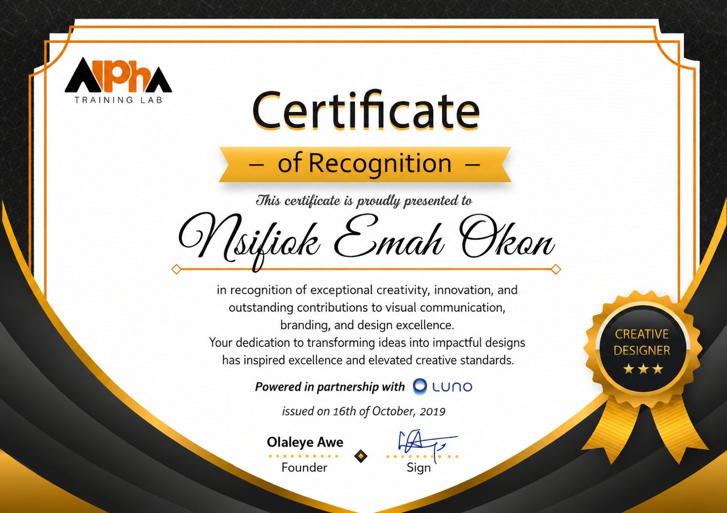 Alpha Training Lab Creative Designer certificate