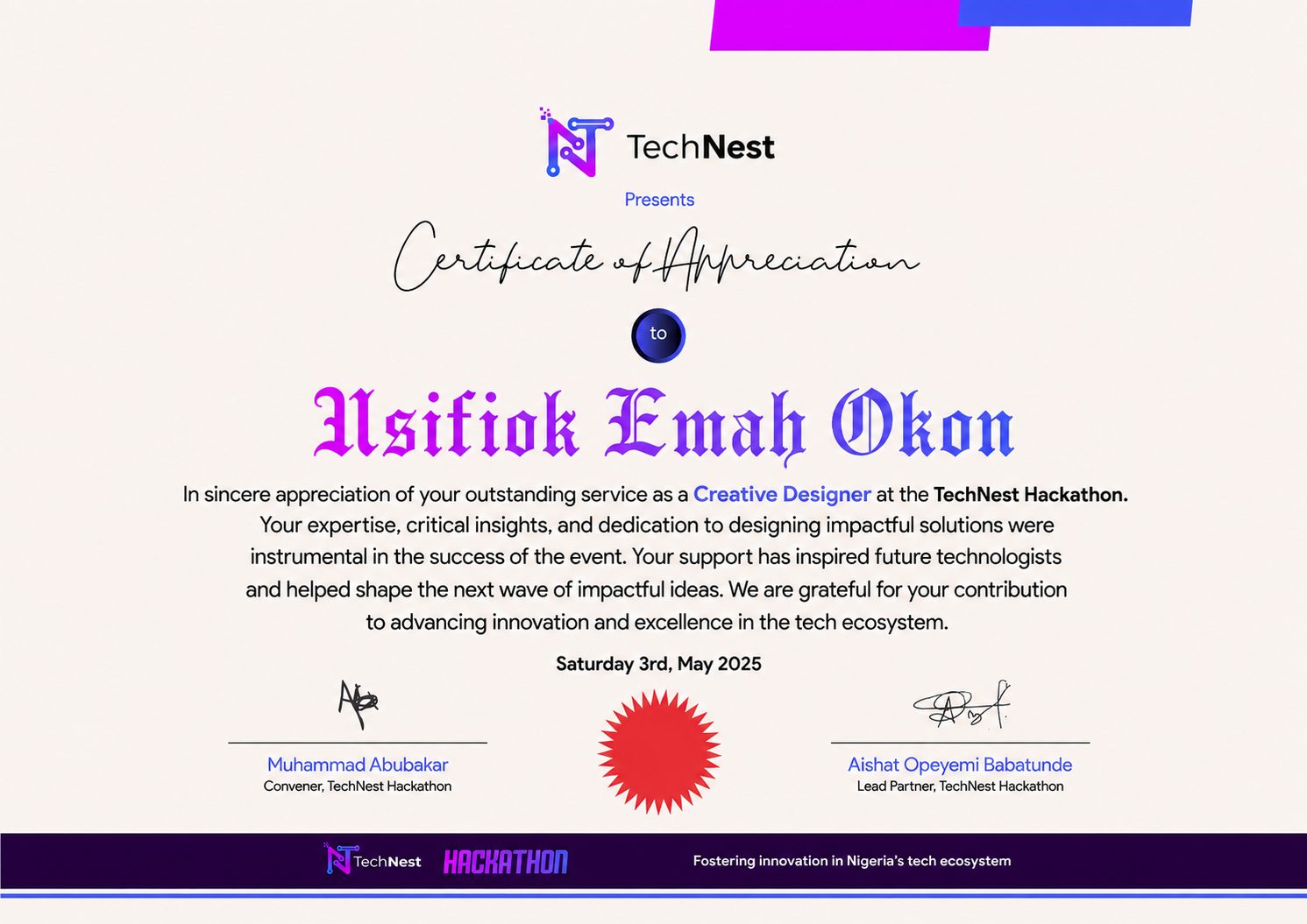 TechNest Hackathon Creative Designer certificate of appreciation