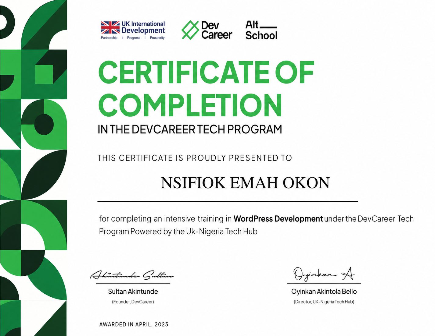 DevCareer WordPress Development certificate of completion